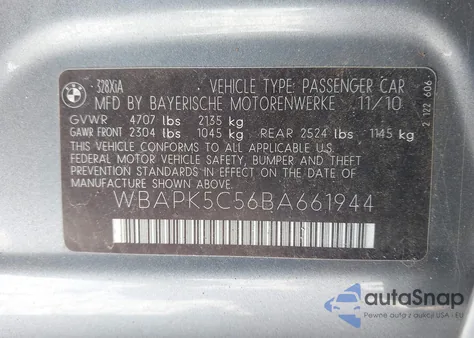 2011 BMW 328I xDrive из США, поврежденный, VIN WBAPK5C56BA661944